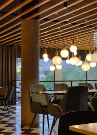 tables and chairs in a restaurant